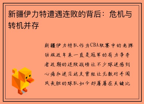 新疆伊力特遭遇连败的背后：危机与转机并存