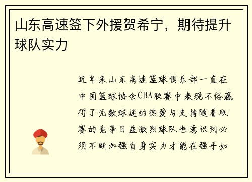 山东高速签下外援贺希宁，期待提升球队实力