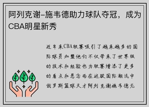 阿列克谢-施韦德助力球队夺冠，成为CBA明星新秀